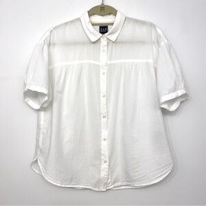 Gap Women’s White Shirred Cotton Blouse Short Sleeve Button-Up Size S